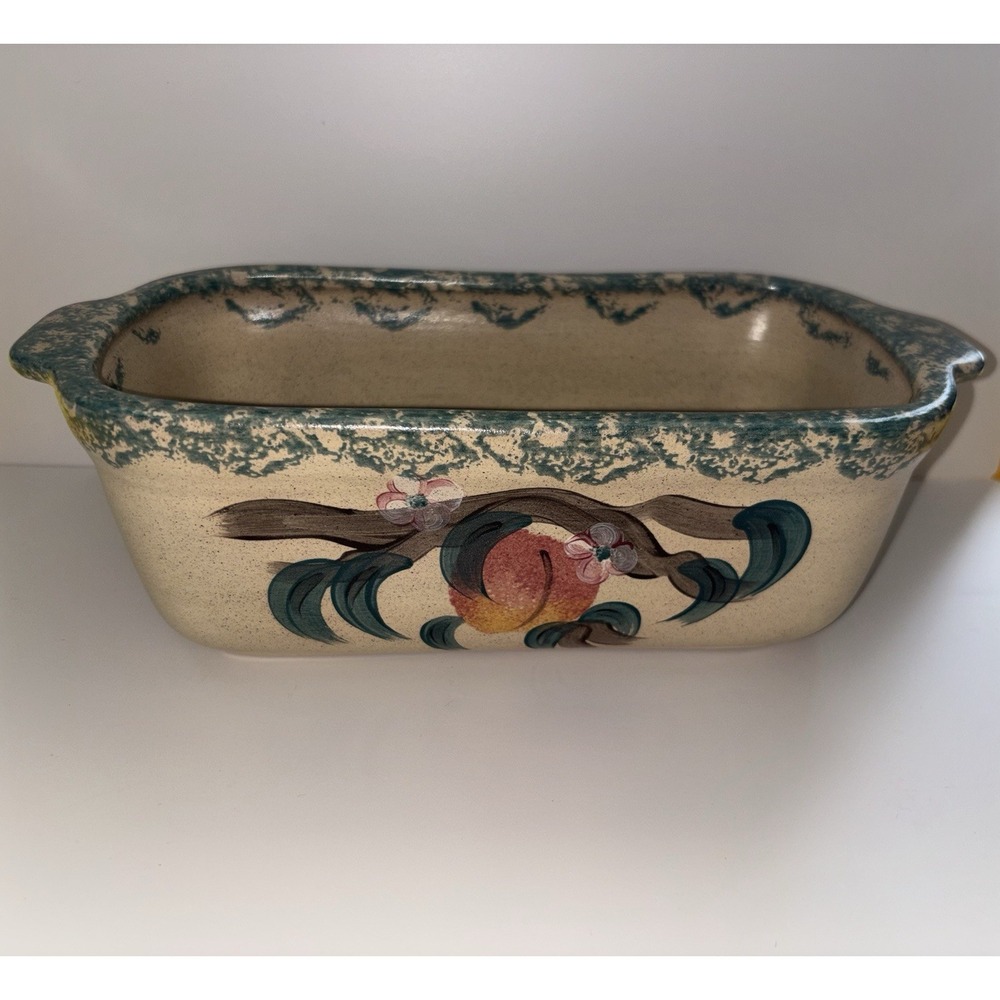 Hand-Painted Peach Tree  Vintage Loaf Pan Stoneware Farmhouse